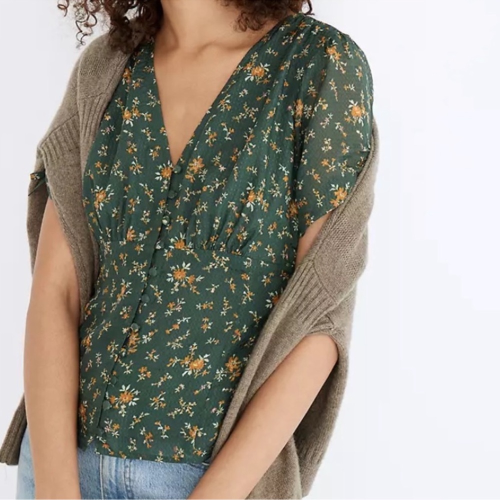Madewell Evie silk tie sleeve top blouse in fresh sprigs floral print yellow